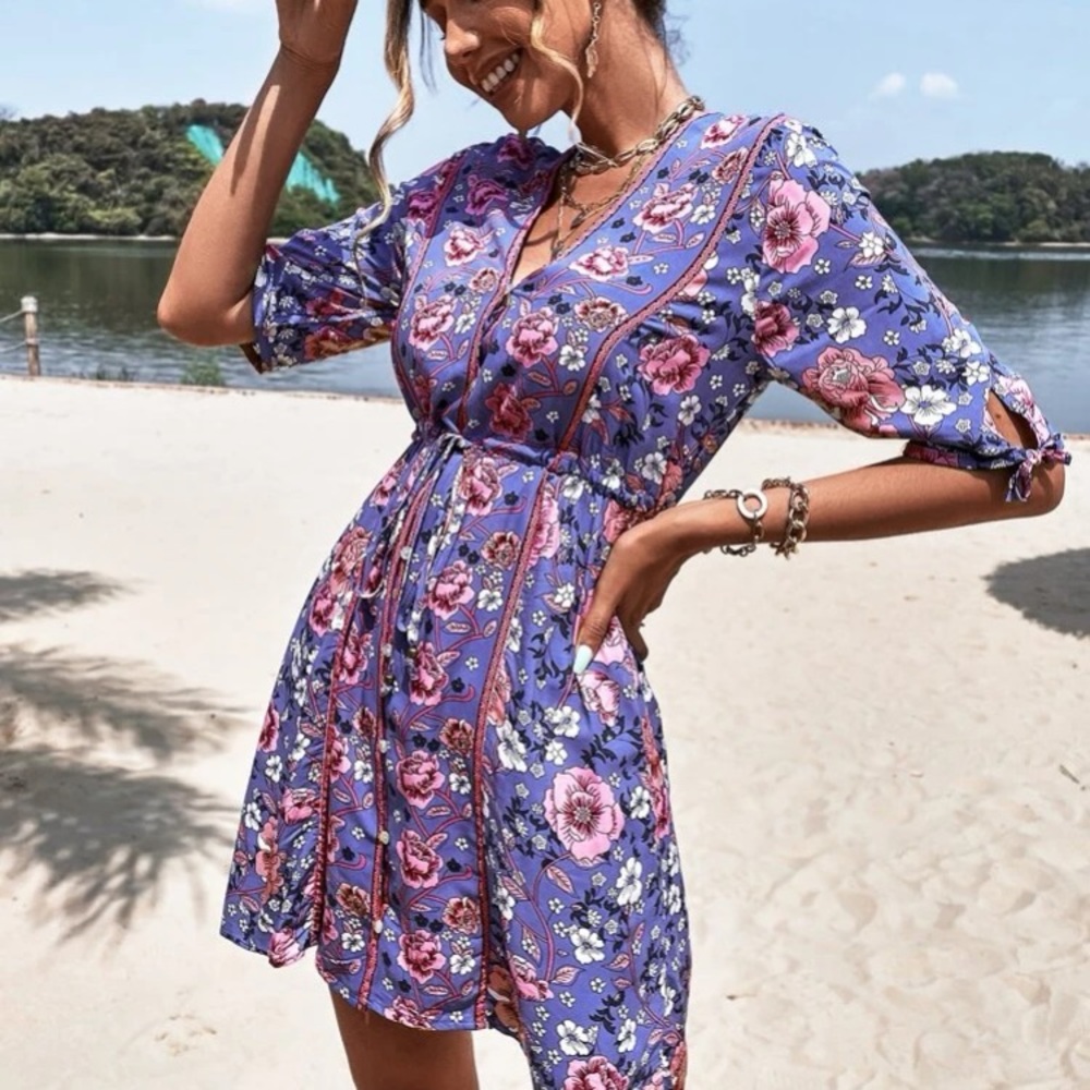 🌙SHEIN floral print knot cuff drawstring waist a-line dress🌙